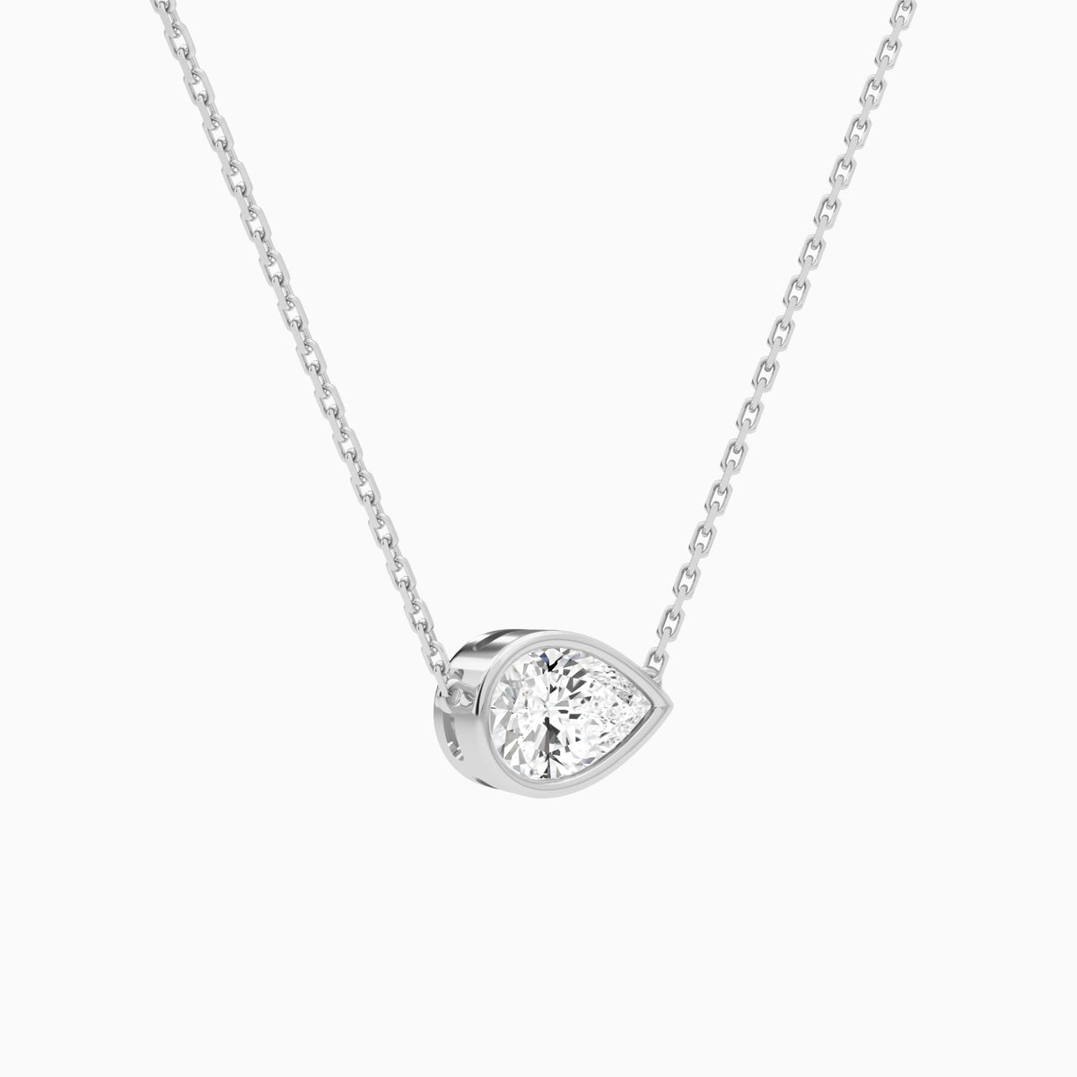 Bezel Solitaire Pear Lab Grown Diamond Necklace In 18K White Gold - Front Angle View