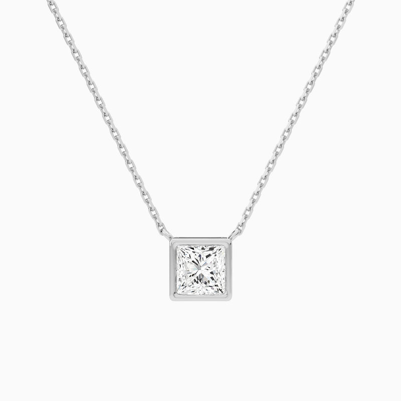 Bezel Solitaire Princess Lab Grown Diamond Necklace In 18K White Gold - Lucenjuri