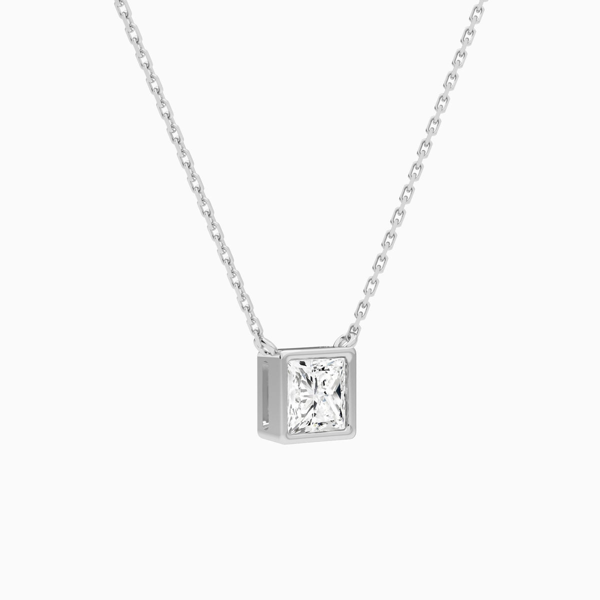 Bezel Solitaire Princess Lab Grown Diamond Necklace In 14K White Gold - Front Angle View
