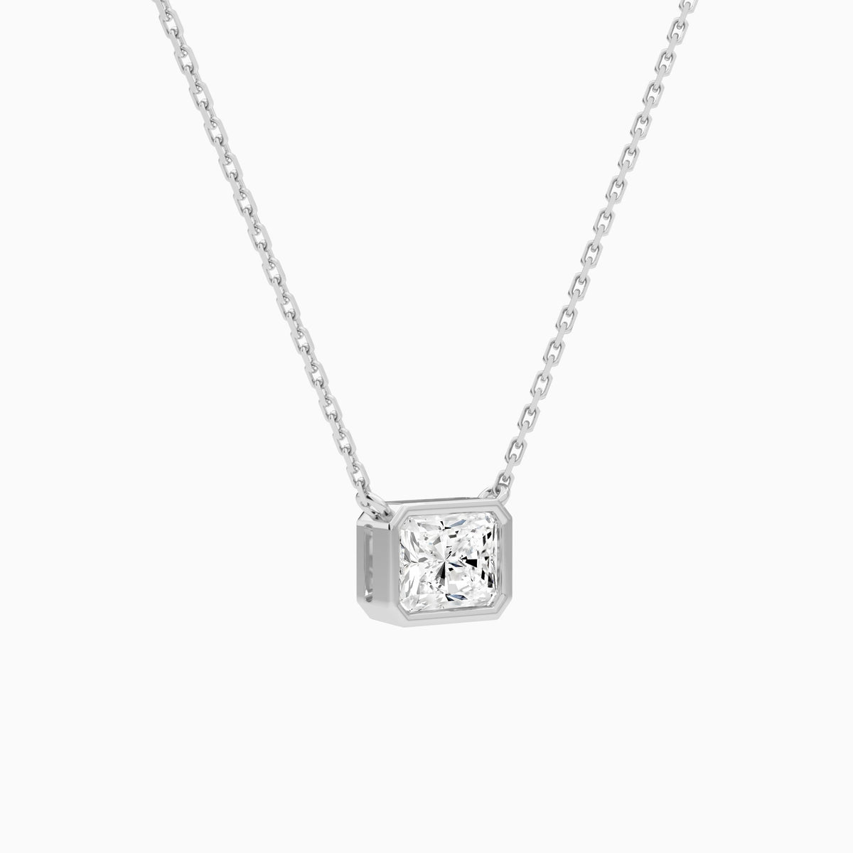 Bezel Solitaire Radiant Lab Grown Diamond Necklace In 18K White Gold - Front Angle View