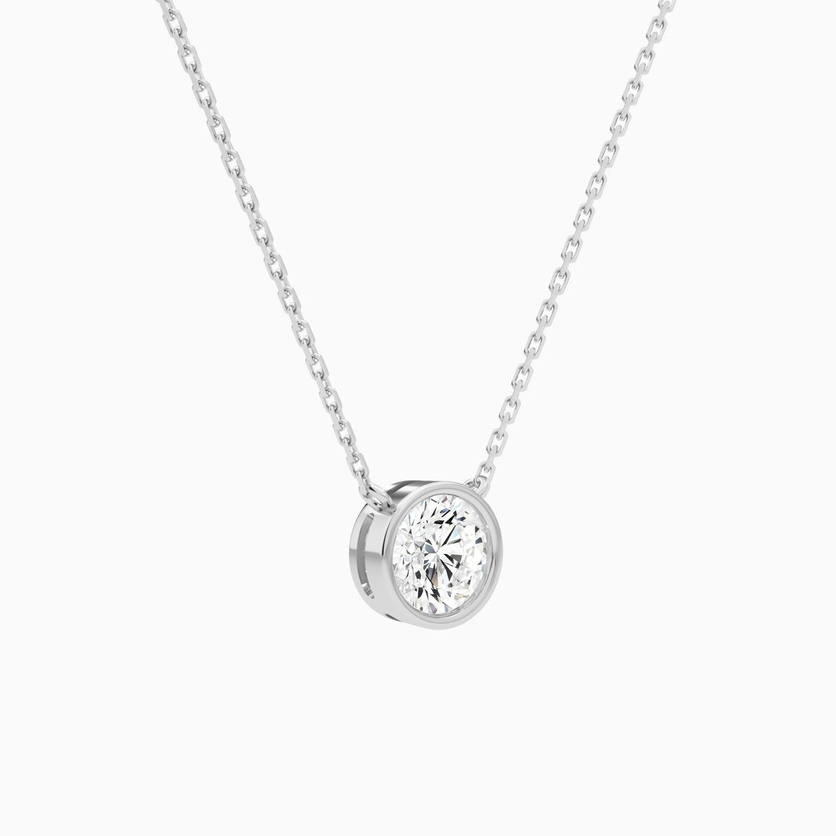 Bezel Solitaire Round Lab Grown Diamond Necklace In 18K White Gold - Front Angle View