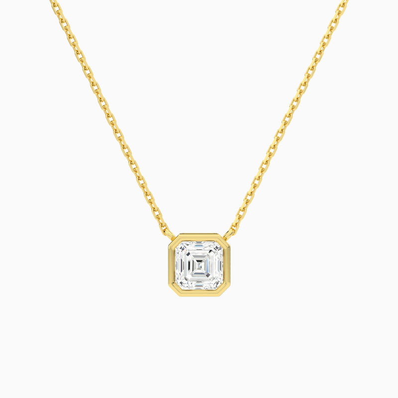 Bezel Solitaire Asscher Lab Grown Diamond Necklace In 18K Yellow Gold - Lucenjuri