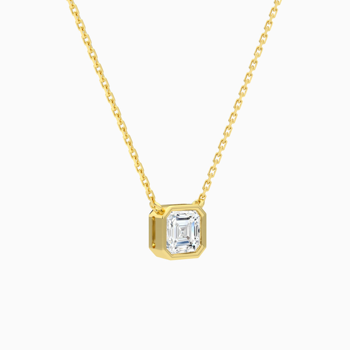 Bezel Solitaire Asscher Lab Grown Diamond Necklace In 14K Yellow Gold - Front Angle View