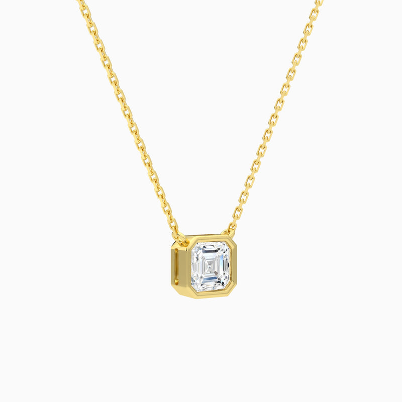Bezel Solitaire Asscher Lab Grown Diamond Necklace In 18K Yellow Gold - Front Angle View