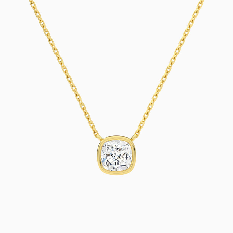 Bezel Solitaire Cushion Lab Grown Diamond Necklace In 18K Yellow Gold - Lucenjuri