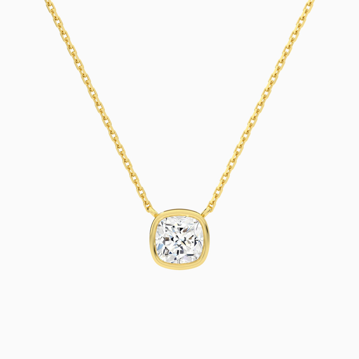 Bezel Solitaire Cushion Lab Grown Diamond Necklace In 14K Yellow Gold - Lucenjuri