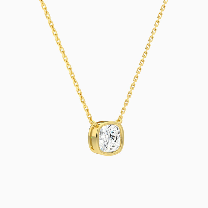 Bezel Solitaire Cushion Lab Grown Diamond Necklace In 18K Yellow Gold - Front Angle View