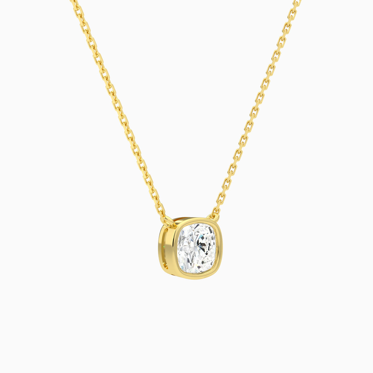 Bezel Solitaire Cushion Lab Grown Diamond Necklace In 14K Yellow Gold - Front Angle View