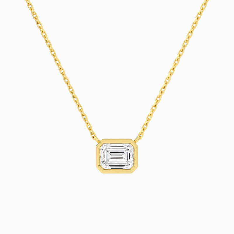 Bezel Solitaire Emerald Lab Grown Diamond Necklace In 18K Yellow Gold - Lucenjuri