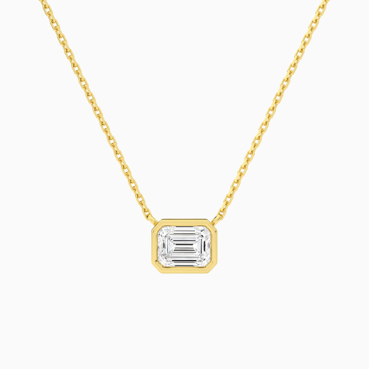 Bezel Solitaire Emerald Lab Grown Diamond Necklace In 14K Yellow Gold - Lucenjuri