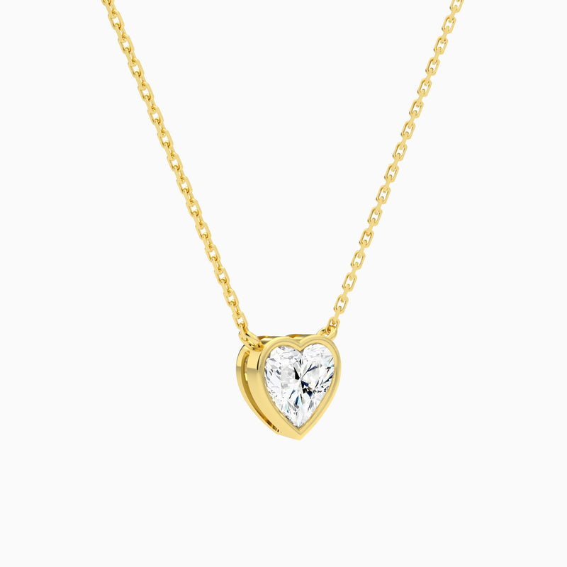 Bezel Solitaire Heart Lab Grown Diamond Necklace In 14K Yellow Gold - Front Angle View