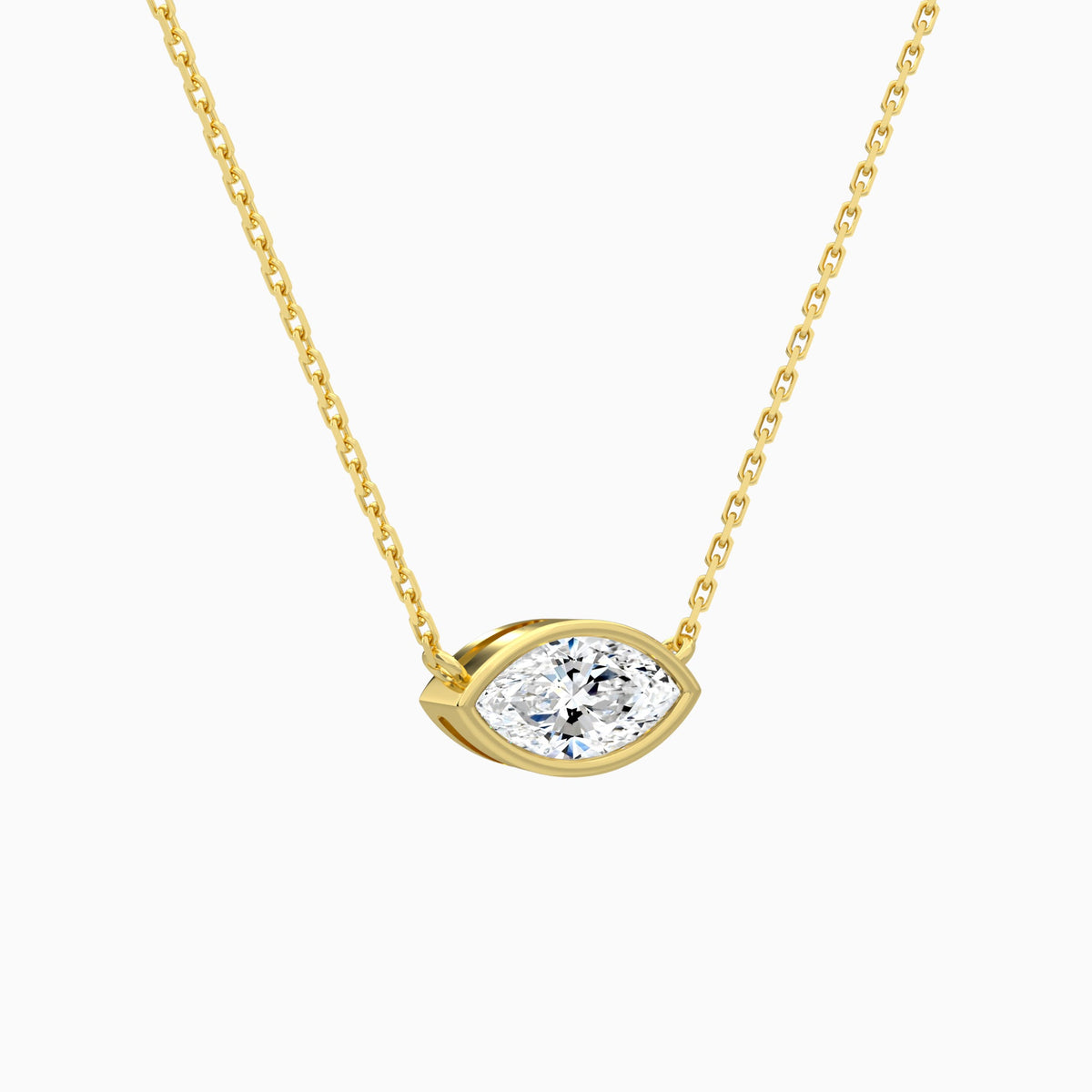 Bezel Solitaire Marquise Lab Grown Diamond Necklace In 18K Yellow Gold - Front Angle View