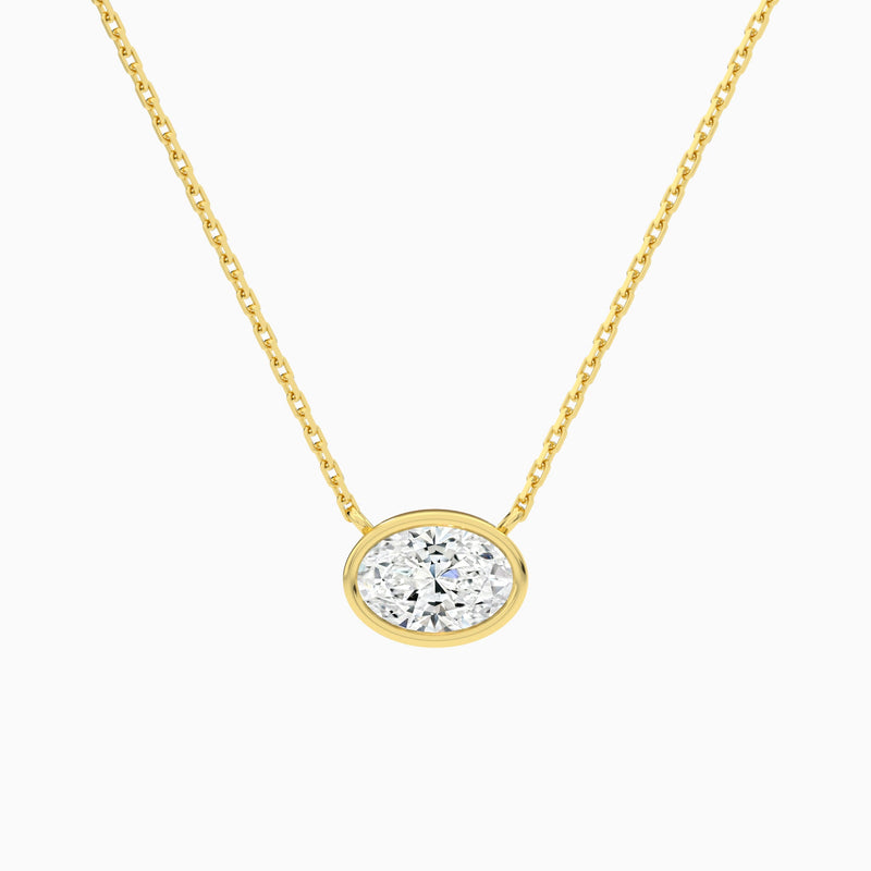 Bezel Solitaire Oval Lab Grown Diamond Necklace In 14K Yellow Gold - Lucenjuri