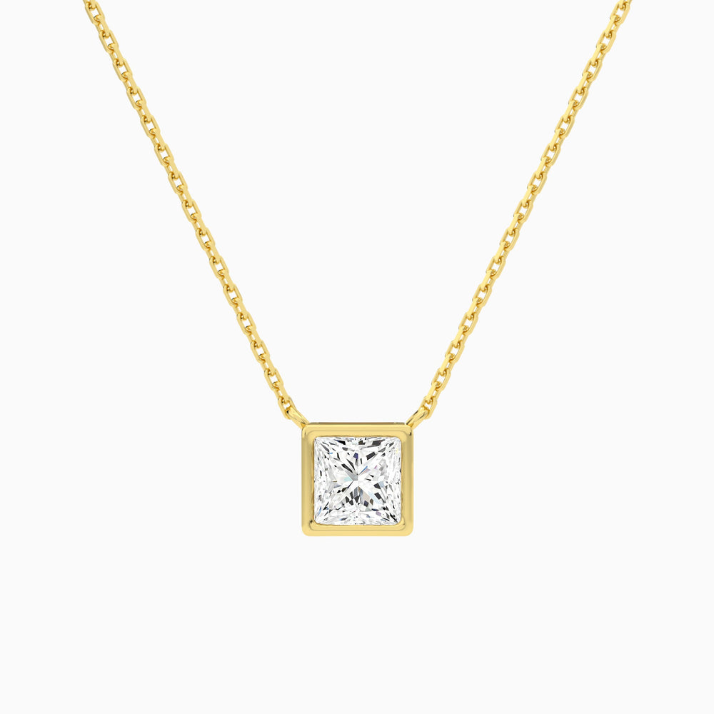 Bezel Solitaire Princess Lab Grown Diamond Necklace In 14K Yellow Gold - Lucenjuri