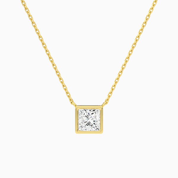Bezel Solitaire Princess Lab Grown Diamond Necklace In 14K Yellow Gold - Lucenjuri