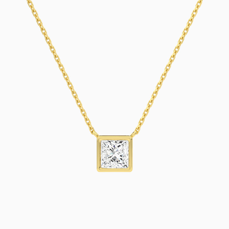 Bezel Solitaire Princess Lab Grown Diamond Necklace In 18K Yellow Gold - Lucenjuri