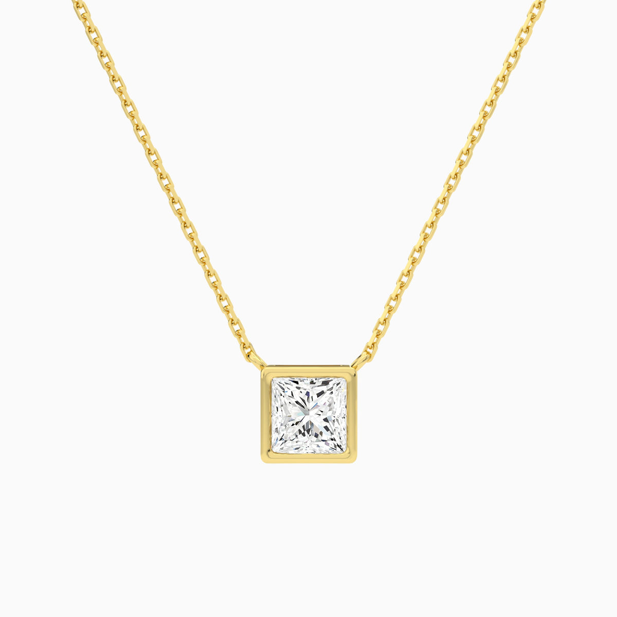 Bezel Solitaire Princess Lab Grown Diamond Necklace In 18K Yellow Gold - Lucenjuri