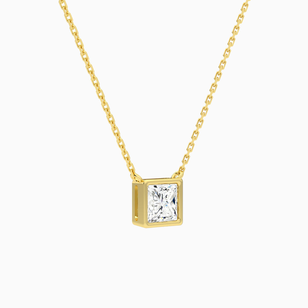 Bezel Solitaire Princess Lab Grown Diamond Necklace In 14K Yellow Gold - Front Angle View