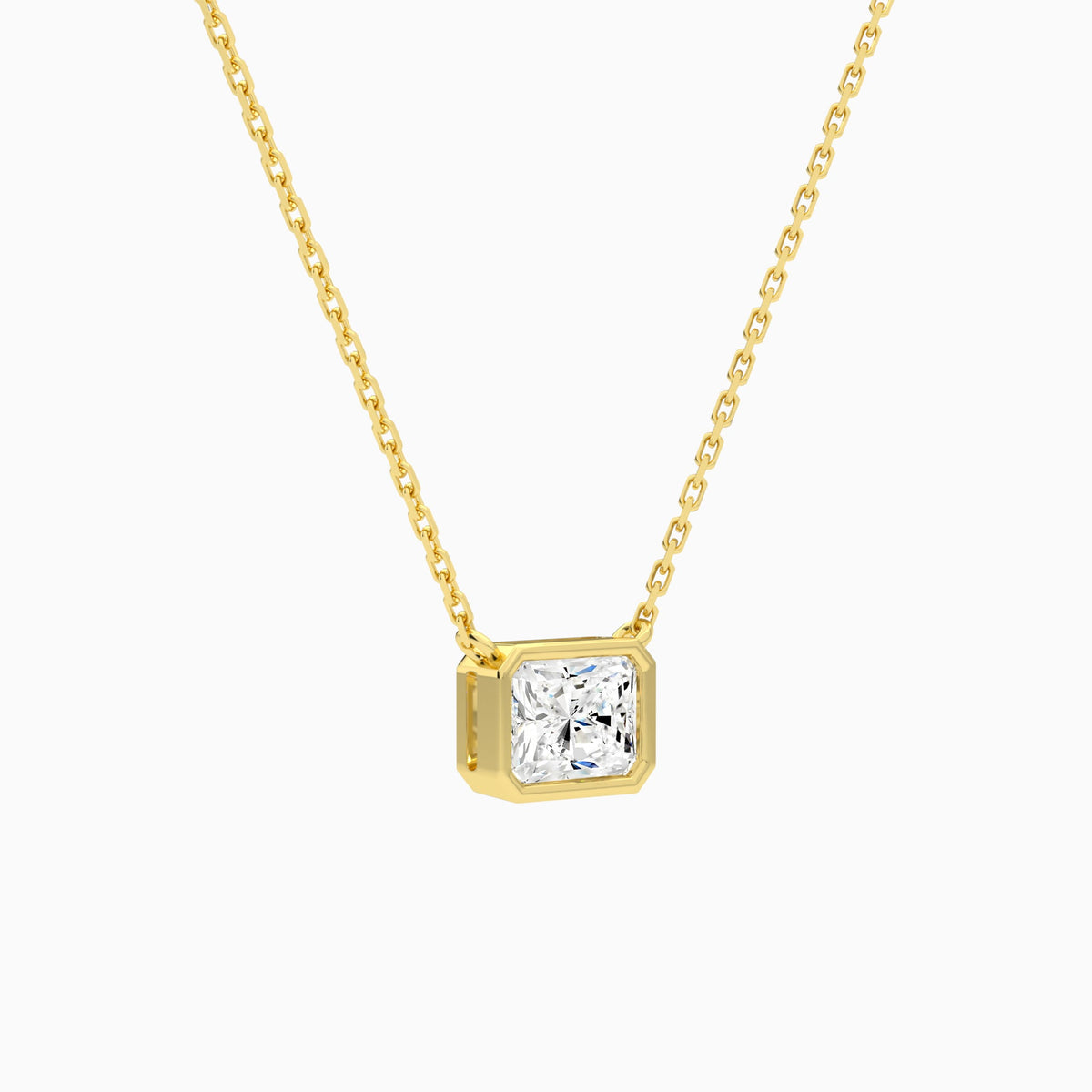 Bezel Solitaire Radiant Lab Grown Diamond Necklace In 18K Yellow Gold - Front Angle View