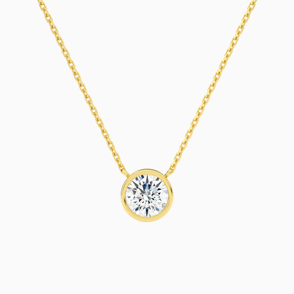 Bezel Solitaire Round Lab Grown Diamond Necklace In 14K Yellow Gold - Lucenjuri