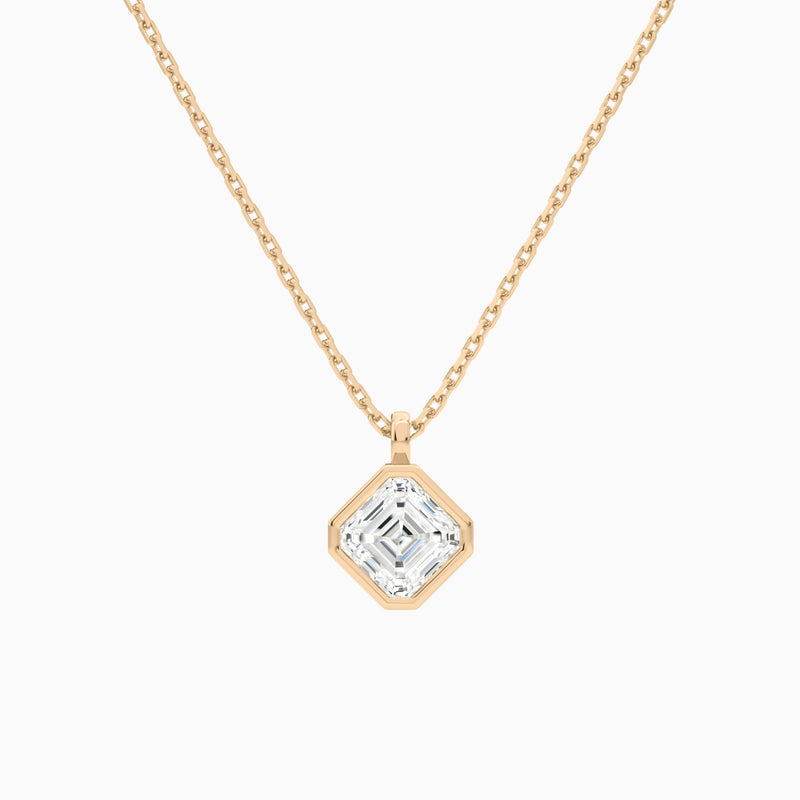 Bezel Solitaire Asscher Lab Grown Diamond Pendant Necklace In 14K Rose Gold - Lucenjuri