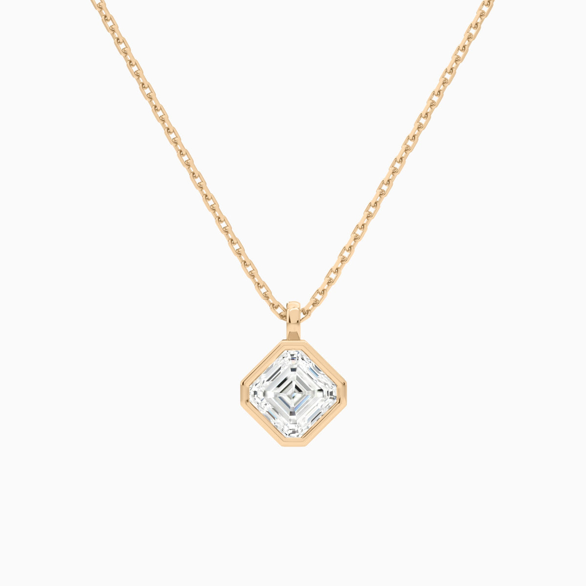 Bezel Solitaire Asscher Lab Grown Diamond Pendant Necklace In 14K Rose Gold - Lucenjuri
