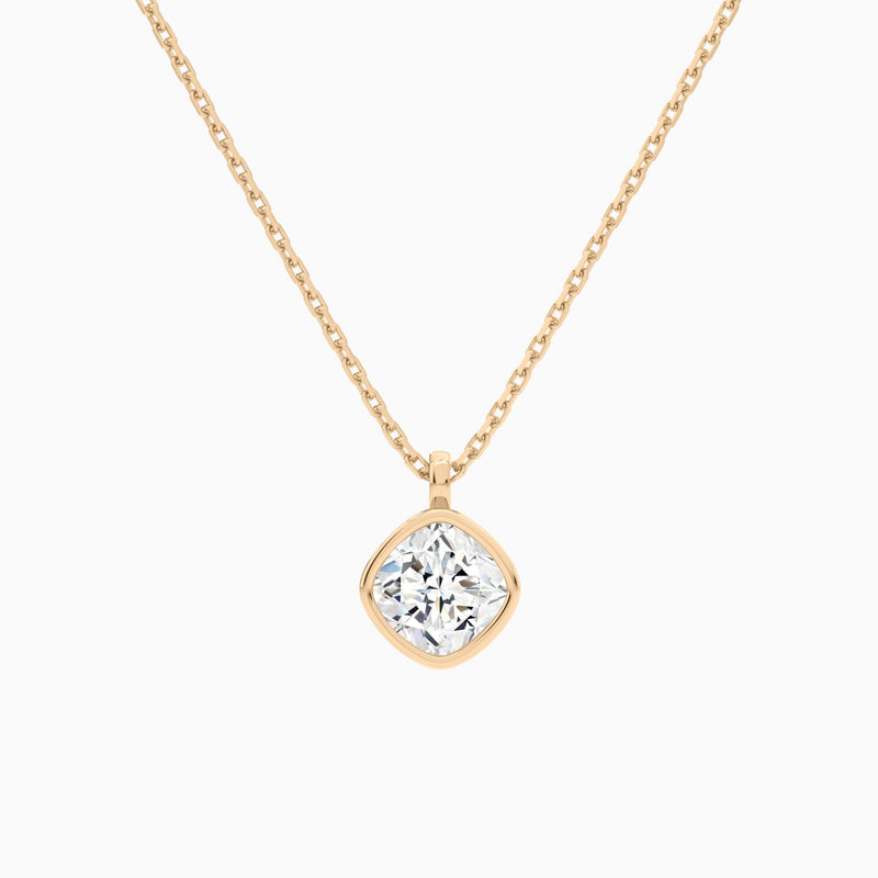 Bezel Solitaire Cushion Lab Grown Diamond Pendant Necklace In 14K Rose Gold - Lucenjuri