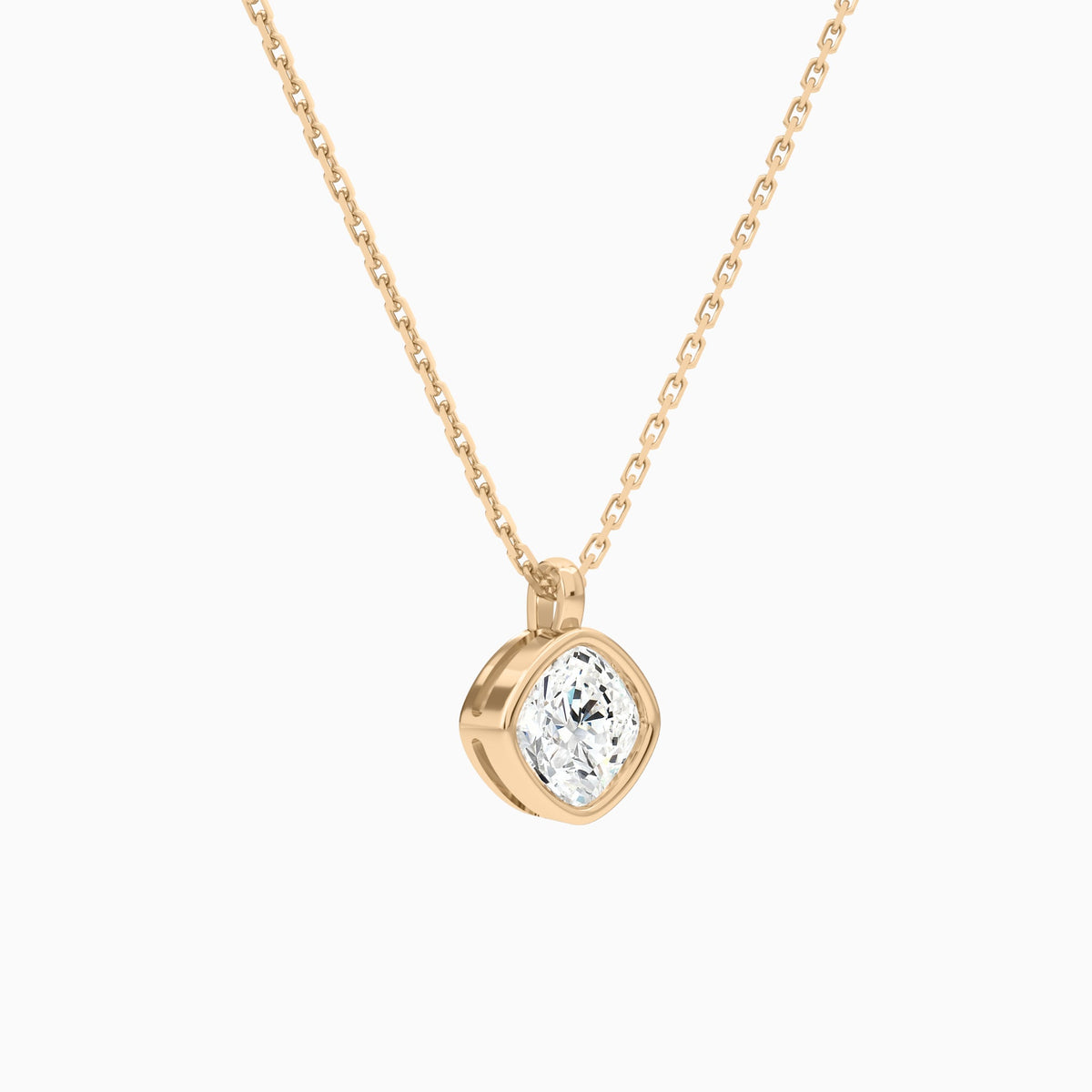 Bezel Solitaire Cushion Lab Grown Diamond Pendant Necklace In 14K Rose Gold - Front Angle View