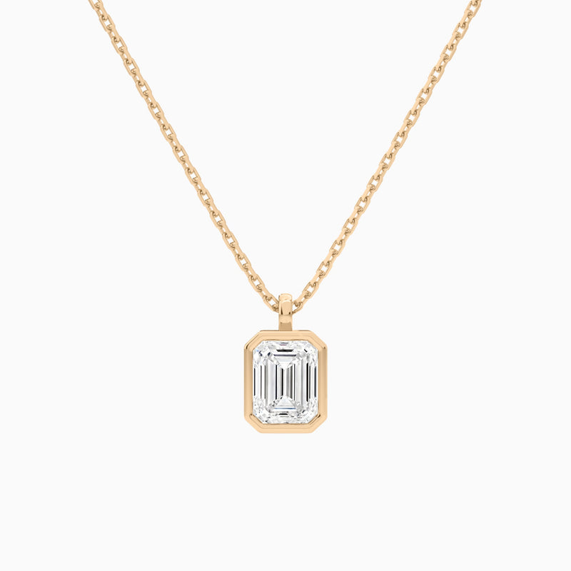 Bezel Solitaire Emerald Lab Grown Diamond Pendant Necklace In 14K Rose Gold - Lucenjuri