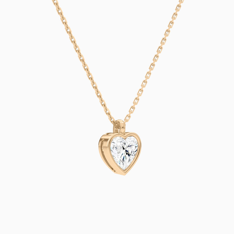 Bezel Solitaire Heart Lab Grown Diamond Pendant Necklace In 14K Rose Gold - Front Angle View