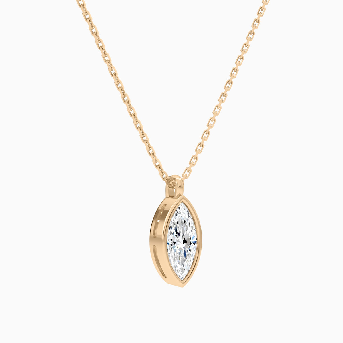 Bezel Solitaire Marquise Lab Grown Diamond Pendant Necklace In 14K Rose Gold - Front Angle View