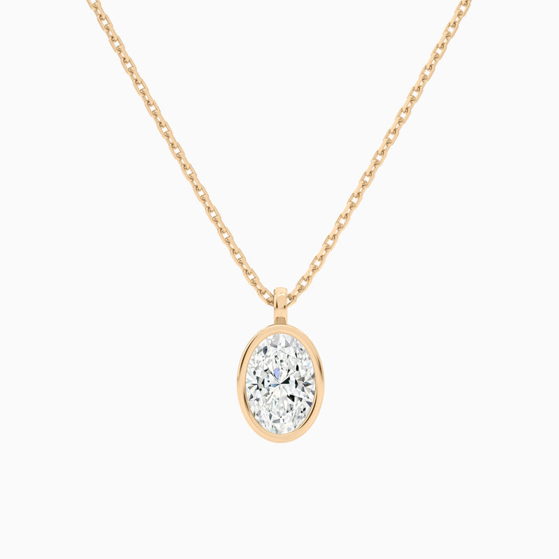 Bezel Solitaire Oval Lab Grown Diamond Pendant Necklace In 14K Rose Gold - Lucenjuri