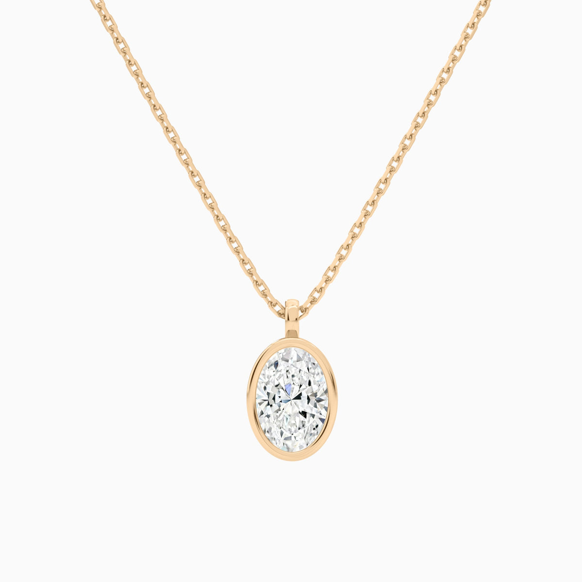 Bezel Solitaire Oval Lab Grown Diamond Pendant Necklace In 14K Rose Gold - Lucenjuri
