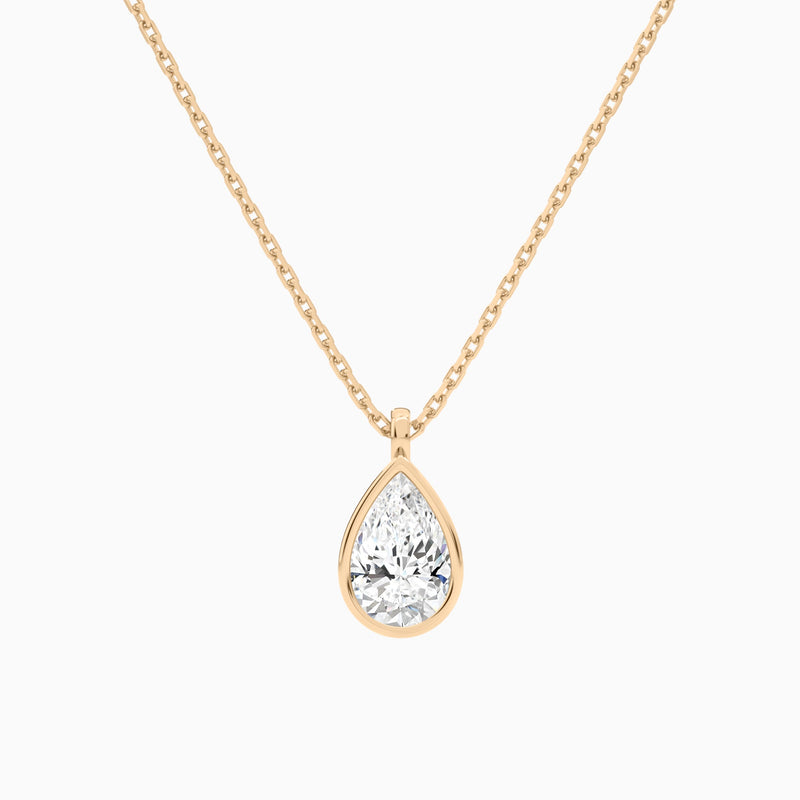 Bezel Solitaire Pear Lab Grown Diamond Pendant Necklace In 14K Rose Gold - Lucenjuri