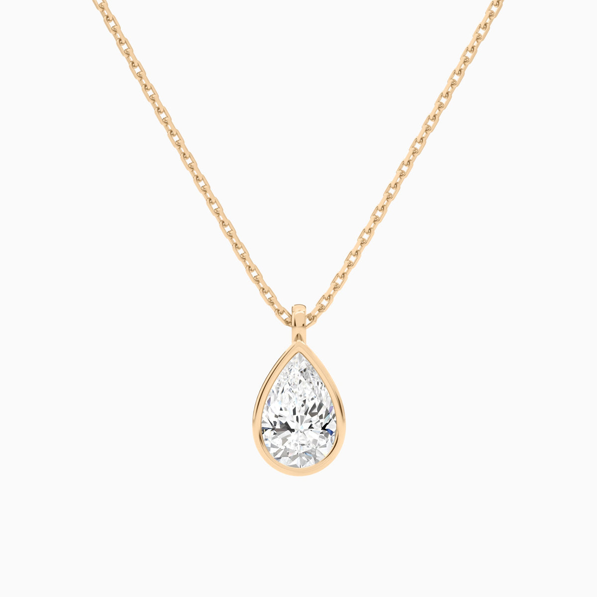 Bezel Solitaire Pear Lab Grown Diamond Pendant Necklace In 14K Rose Gold - Lucenjuri
