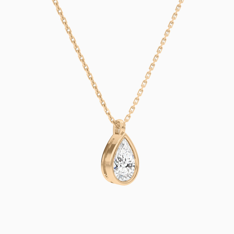 Bezel Solitaire Pear Lab Grown Diamond Pendant Necklace In 14K Rose Gold - Front Angle View