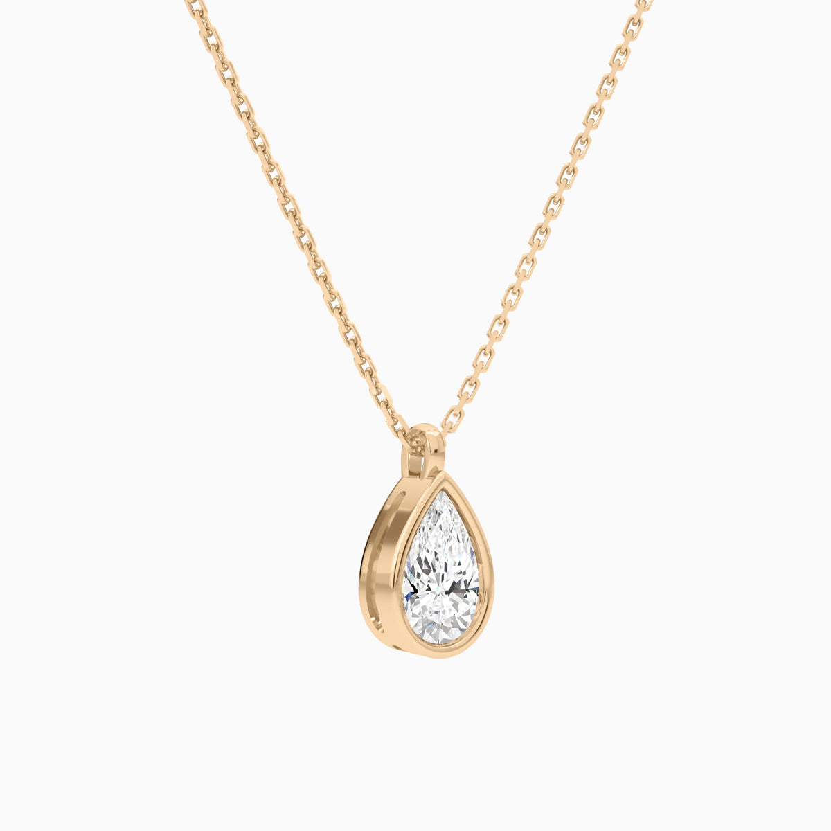 Bezel Solitaire Pear Lab Grown Diamond Pendant Necklace In 14K Rose Gold - Front Angle View