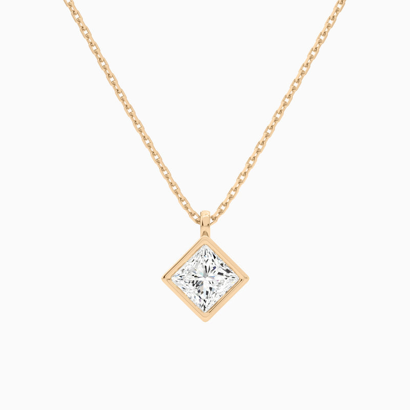 Bezel Solitaire Princess Lab Grown Diamond Pendant Necklace In 14K Rose Gold - Lucenjuri