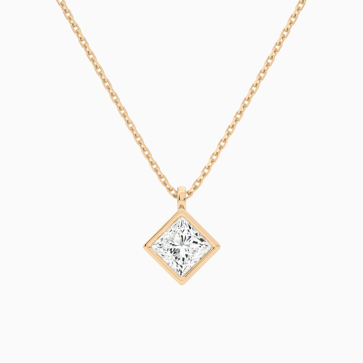 Bezel Solitaire Princess Lab Grown Diamond Pendant Necklace In 14K Rose Gold - Lucenjuri