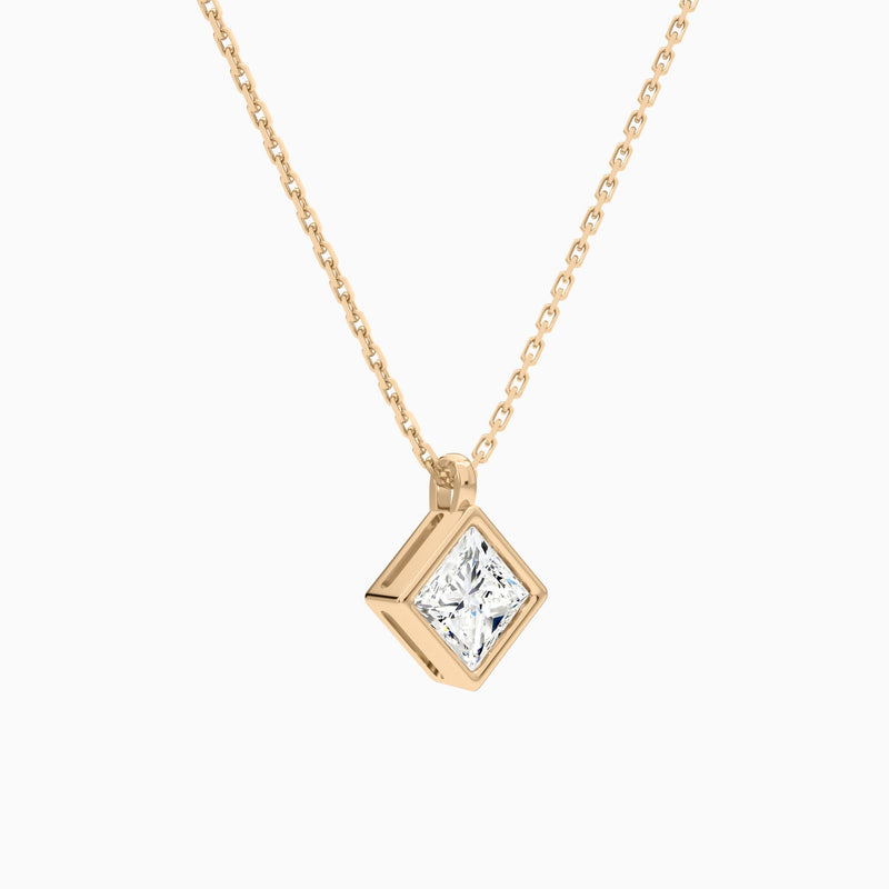 Bezel Solitaire Princess Lab Grown Diamond Pendant Necklace In 14K Rose Gold - Front Angle View