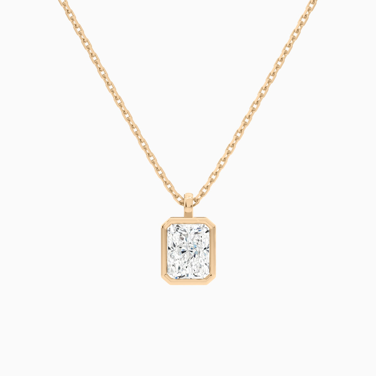 Bezel Solitaire Radiant Lab Grown Diamond Pendant Necklace In 14K Rose Gold - Lucenjuri
