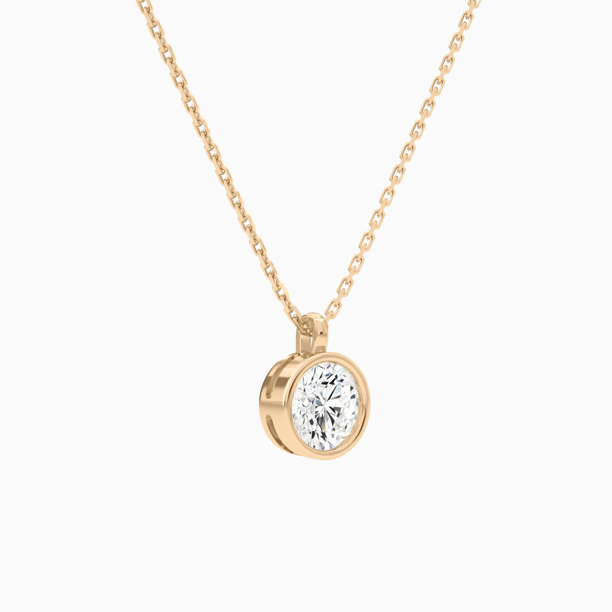 Bezel Solitaire Round Lab Grown Diamond Pendant Necklace In 14K Rose Gold - Front Angle View