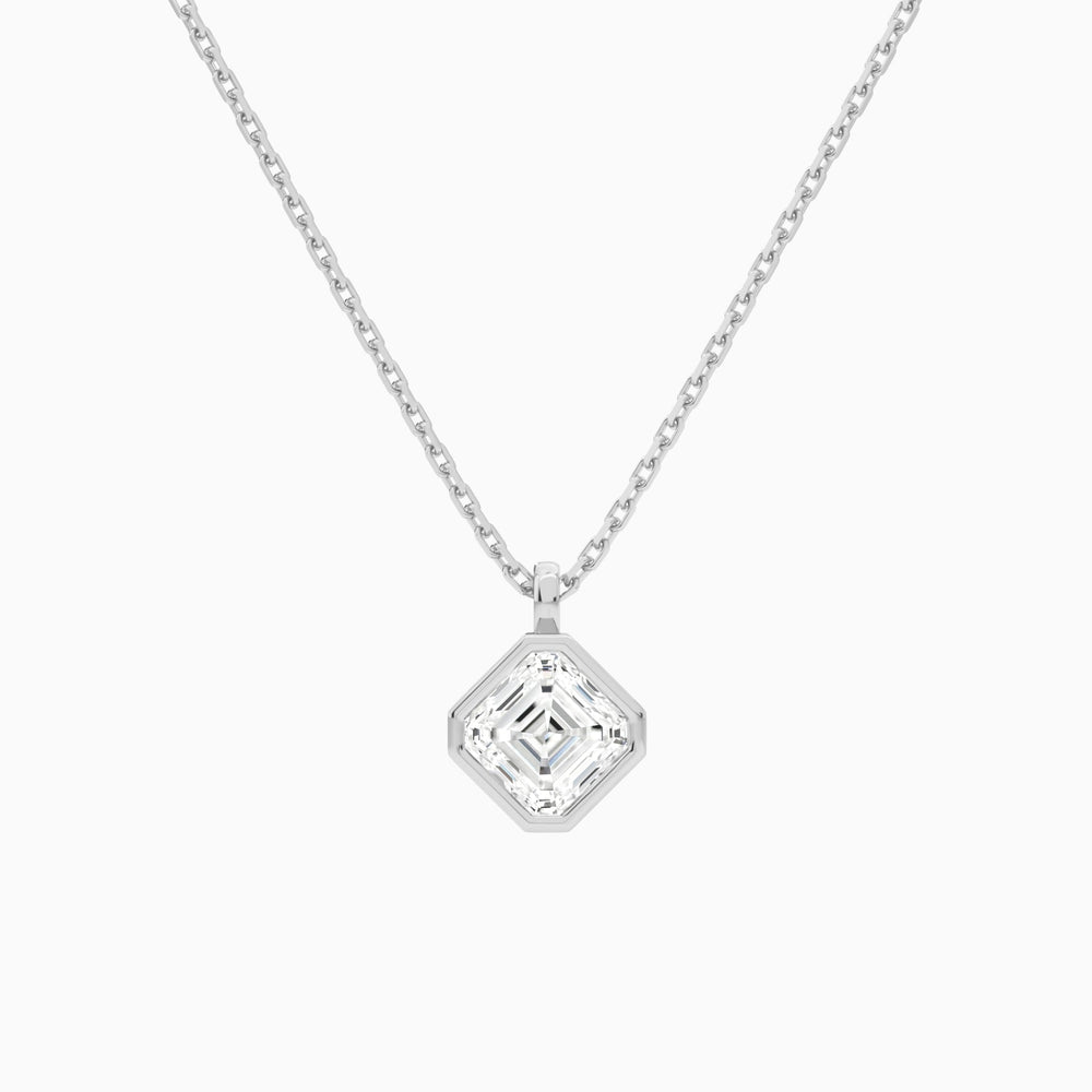 Bezel Solitaire Asscher Lab Grown Diamond Pendant Necklace In 14K White Gold - Lucenjuri