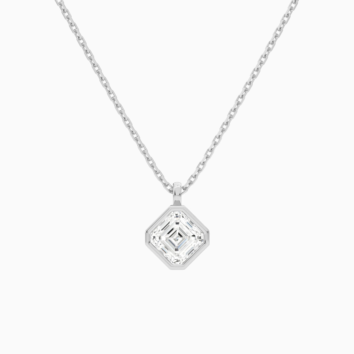 Bezel Solitaire Asscher Lab Grown Diamond Pendant Necklace In 14K White Gold - Lucenjuri