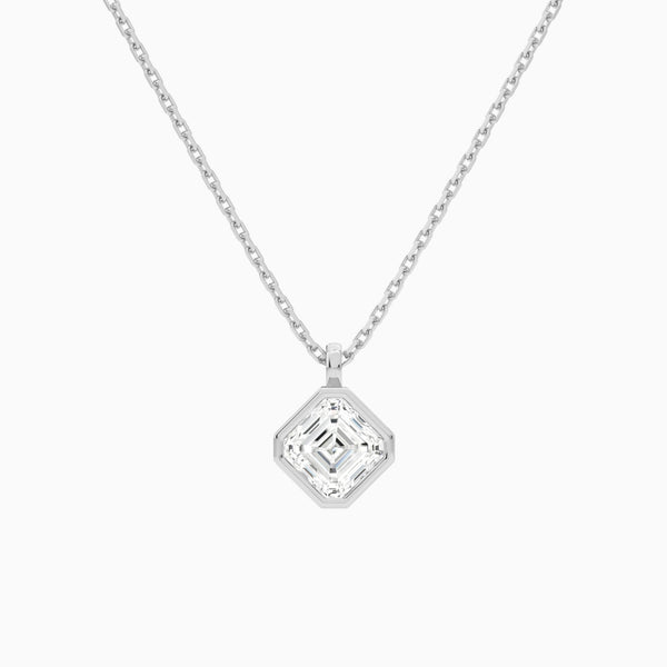 Bezel Solitaire Asscher Lab Grown Diamond Pendant Necklace In 14K White Gold - Lucenjuri