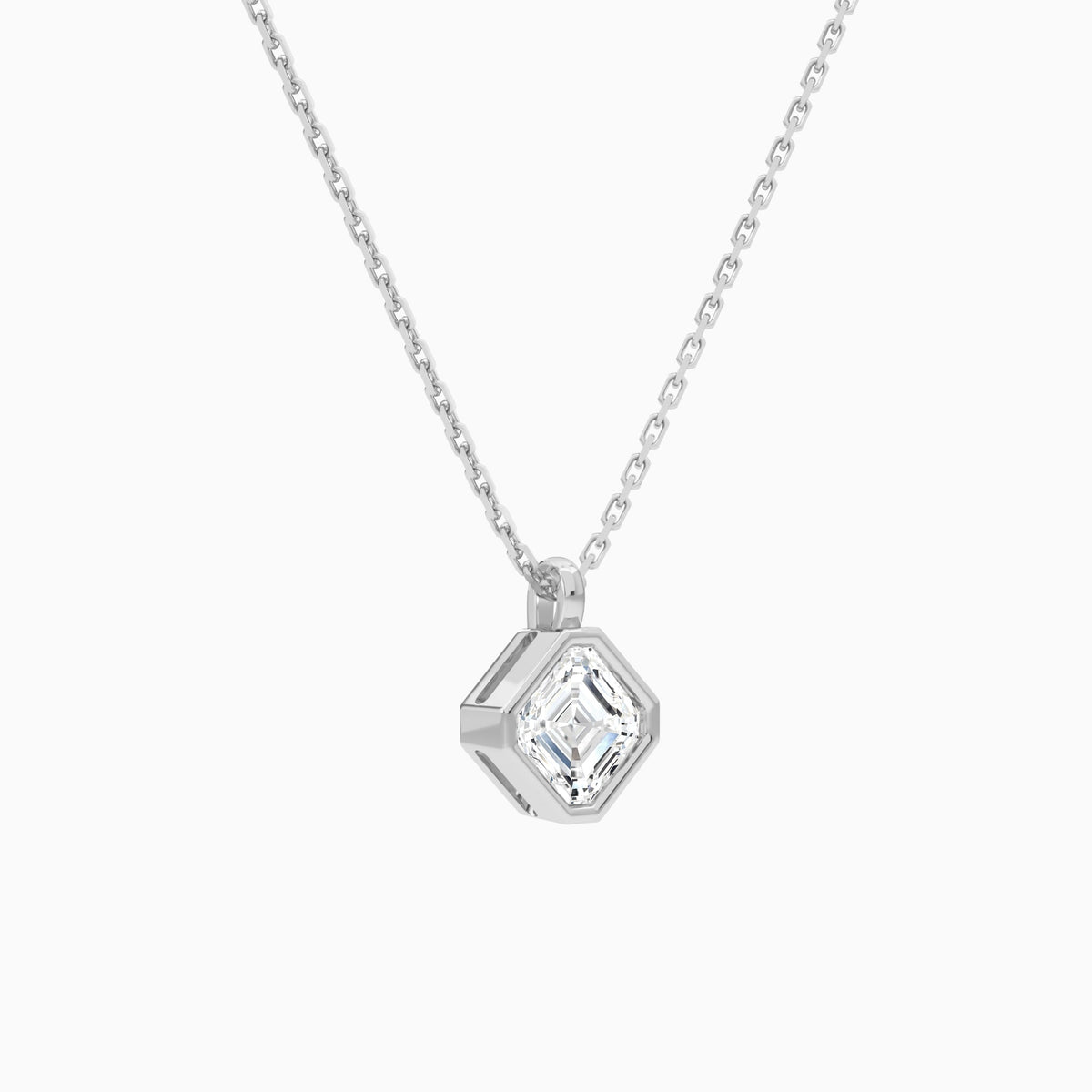 Bezel Solitaire Asscher Lab Grown Diamond Pendant Necklace In 14K White Gold - Front Angle View