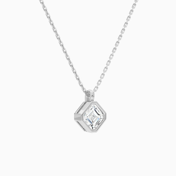 Bezel Solitaire Asscher Lab Grown Diamond Pendant Necklace In 14K White Gold - Front Angle View