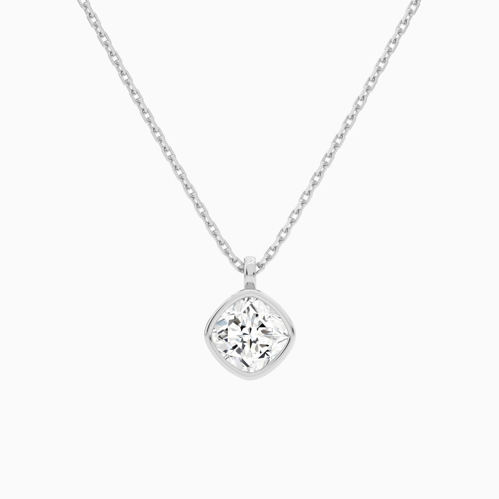 Bezel Solitaire Cushion Lab Grown Diamond Pendant Necklace In 14K White Gold - Lucenjuri