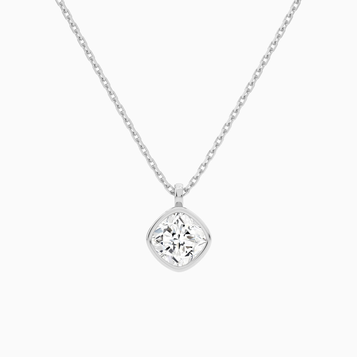 Bezel Solitaire Cushion Lab Grown Diamond Pendant Necklace In 18K White Gold - Lucenjuri