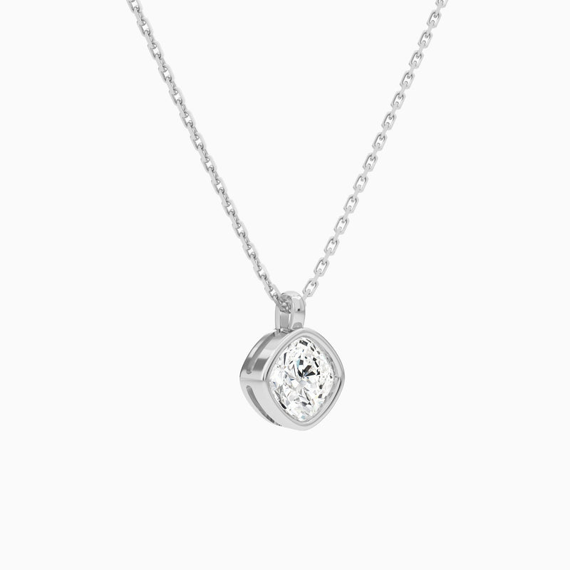 Bezel Solitaire Cushion Lab Grown Diamond Pendant Necklace In 18K White Gold - Front Angle View